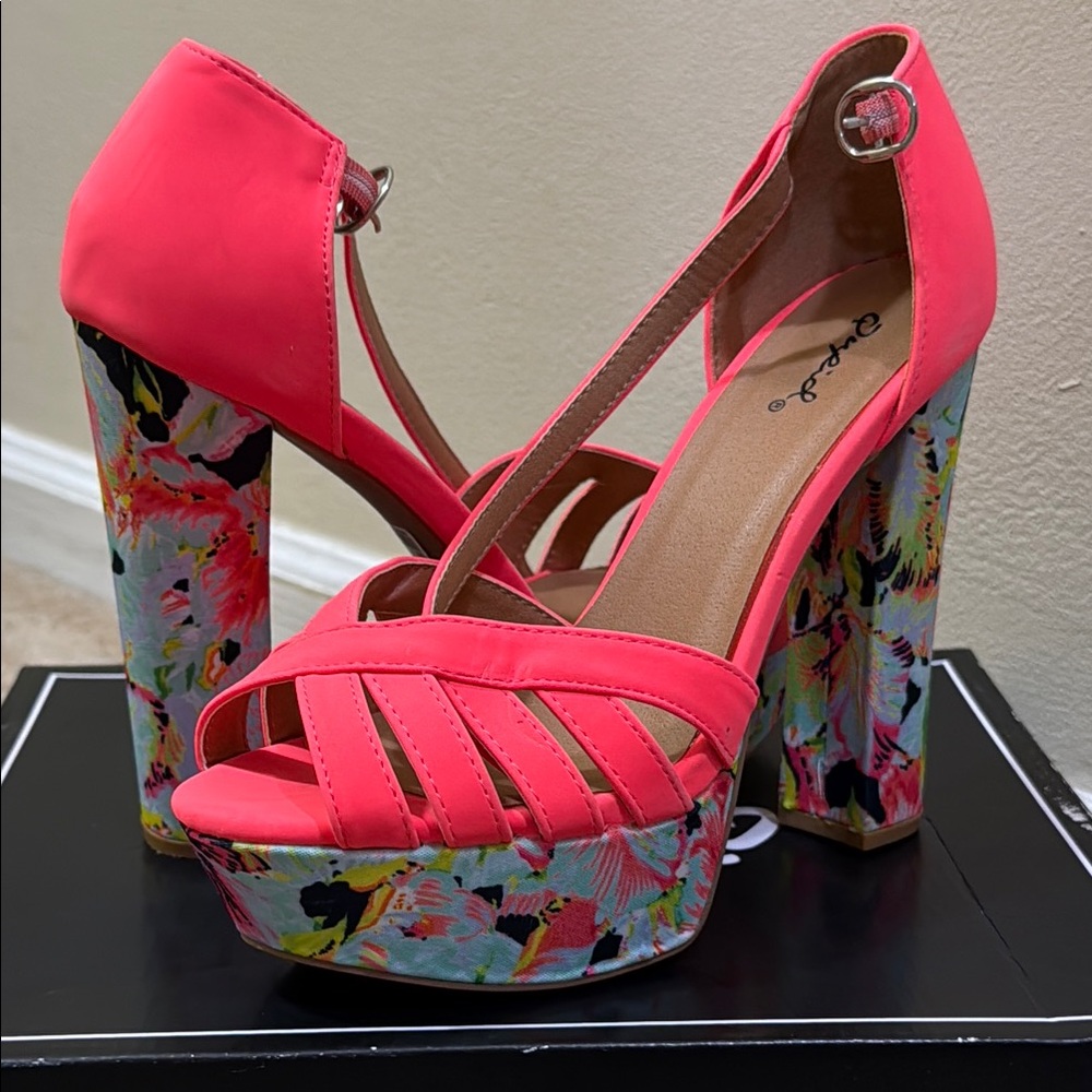 Neon Coral Floral Platform Heels